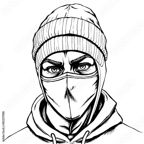 “Urban-inspired black and white portrait drawing, masked figure in a beanie and hoodie, expressive eyes and eyebrows emphasized, hand-drawn line art with detailed textile shading, white negative space