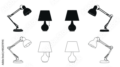 Black and white outline depictions of various desk lamps and shades