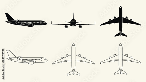 Illustrative depictions of commercial airplanes in various views and styles