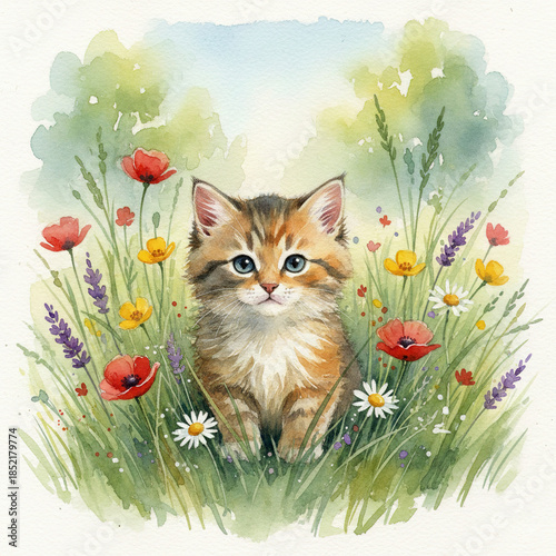 Watercolor illustration of kitten among flowers, spring artistic animal portrait
