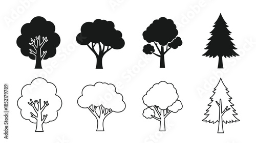 A collection of diverse tree silhouettes and line art illustrations