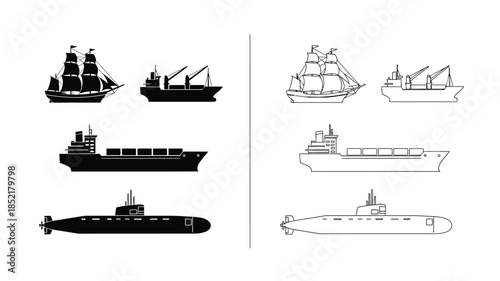 A collection of various naval vessels including ships and submarines