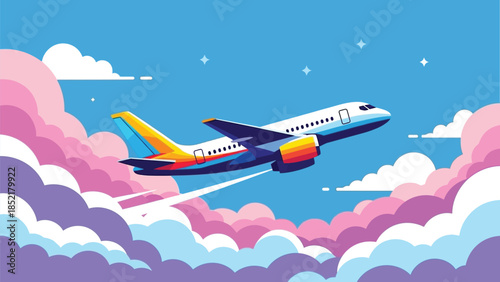 Colorful airplane soaring through a vibrant sky filled with fluffy clouds