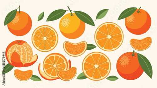 A collection of vibrant oranges slices and segments with green leaves
