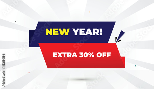 New Year Sale Extra Thirty Percent OFF Editable EPS Format Web Banner Vector Art Illustration Template Design Deep Blue Red Gradient Shapes Yellow Bold Font White Gray Abstract Illustration Sun Shine 