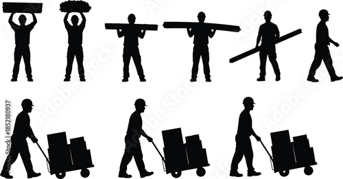 Construction worker silhouette sequence illustrating manual labor tasks, carrying materials, warehouse logistics activities and industrial workforce actions isolated on white background