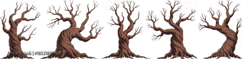 Twisted ancient tree illustrations set, gnarled fantasy trunks with bare branches for spooky nature design
