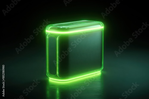 Glowing green neon futuristic energy storage battery