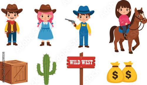 Cute wild west cartoon characters set featuring cowboy kids, cowgirl riding horse, cactus, money bags and western objects isolated on white background