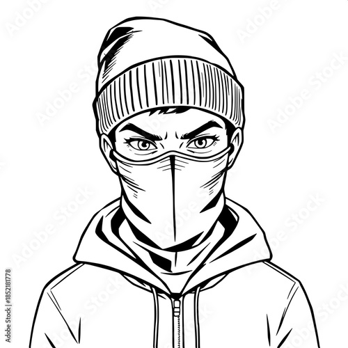 Minimalist black-and-white illustration of an urban youth with a determined expression, wearing a fitted balaclava that covers their mouth and nose, and a beanie that slightly curves upwards, paired w