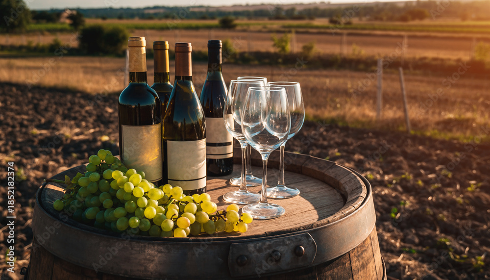 Fototapeta premium Red wine bottles and glasses with fresh grapes and wooden barrel in a sunny vineyard at sunset, winemaking and tasting concept.