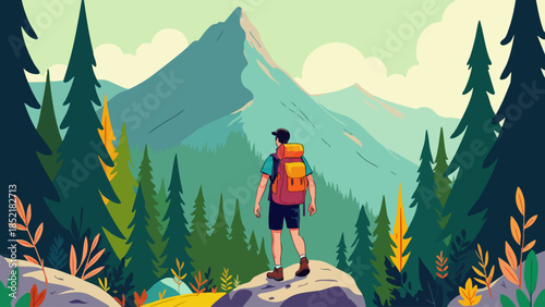 Vector Illustration of Hiker in Adventurous Forest Landscape