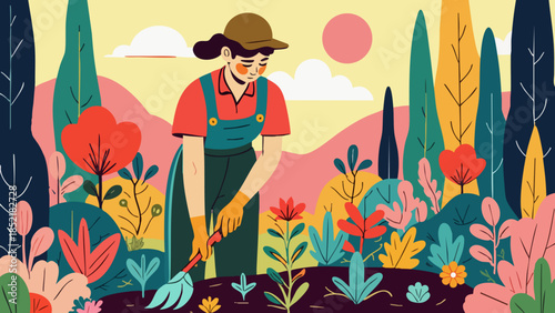 Gardener Tending Plants in Rustic Garden Vector Illustration