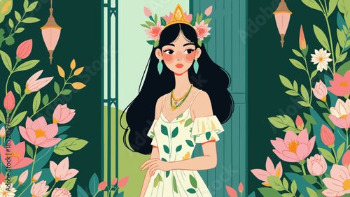 Vector Illustration of a Graceful Girl Adorned with Flowers in a Secret Garden