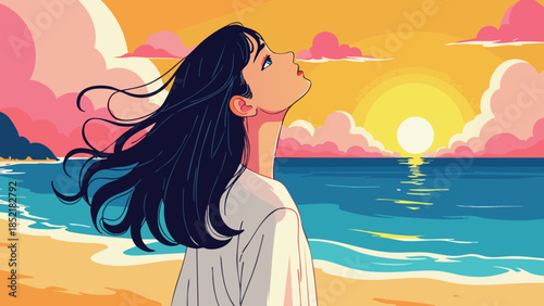 Vector Illustration of Girl Gazing at Serene Sunset Beach Horizon