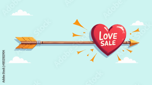 Vector Illustration of Cupid's Arrow Piercing a Heart with "LOVE SALE" Text for Valentine's Day Deals