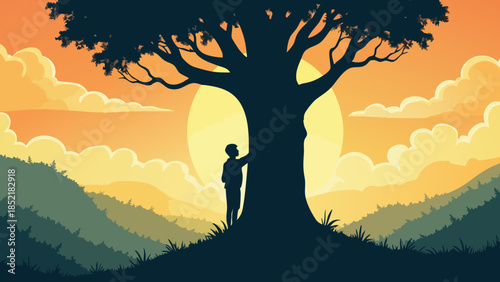 Minimalist Travel Poster: Silhouette Hugging Giant Tree, Protect Nature Theme
