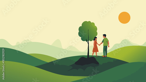 Minimalist Travel Poster: Couple Planting a Tree for Love and Environment