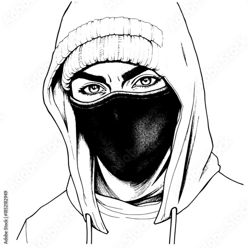 “Detailed pen-and-ink portrait of a masked teenager in a hoodie, knitted beanie pulled low, intense eyes visible above a black balaclava. Clean white background, street art and editorial illustration 