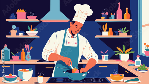 Vector Illustration of Diligent Chef Cooking in Modern Kitchen with Jewel Tones