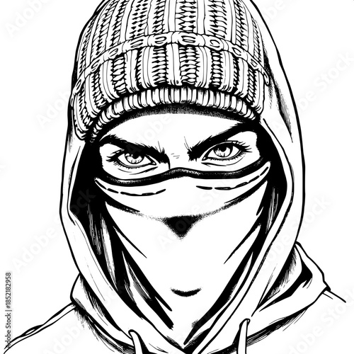 “Detailed pen-and-ink portrait of a masked teenager in a hoodie, knitted beanie pulled low, intense eyes visible above a black balaclava. Clean white background, street art and editorial illustration 