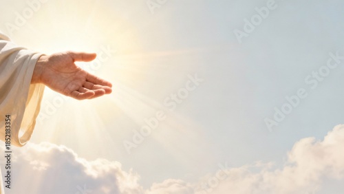 Religious Faith Banner with Jesus Christ Reaching Hand and Soft Light