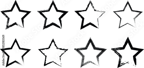 A collection of eight star shapes with varying line widths and pixelation