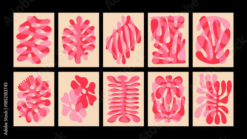 Abstract organic poster set with layered flowing shapes. Modern soft forms, playful composition for contemporary interiors and wall art.