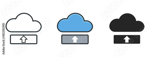 Three variations of cloud upload icons: outlined, filled blue, and solid black, ideal for digital design and tech applications.