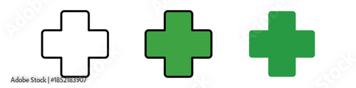 Three variations of a plus sign in white outline, solid green, and filled green against a white background.
