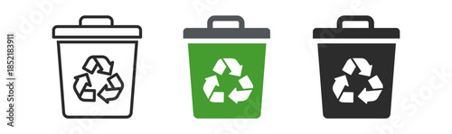 Set of three recycling bins in various colors showcasing eco-friendly waste management.