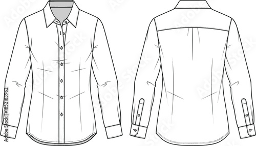 Women’s long sleeve button down shirt technical fashion flat, front and back views, cad drawing flat vector illustration