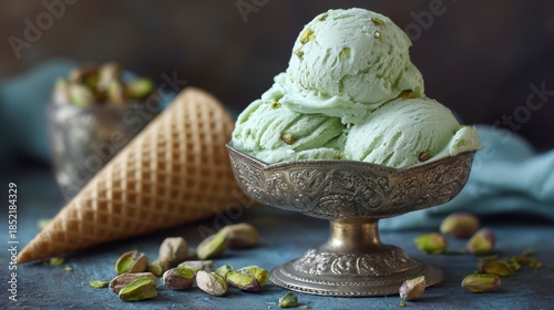 Close-up of green pistachio ice cream scoops in ornate metal bowl with a waffle cone, pistachios in the background