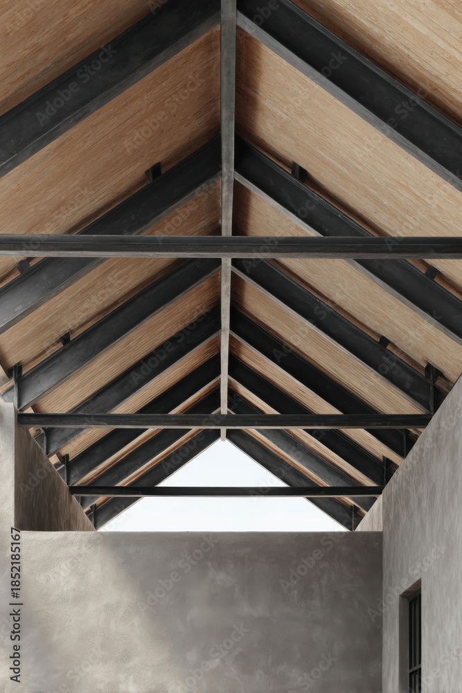 Fototapeta premium Interior metal structure with cross-shaped black steel beams and mesh panels illuminated by spotlights