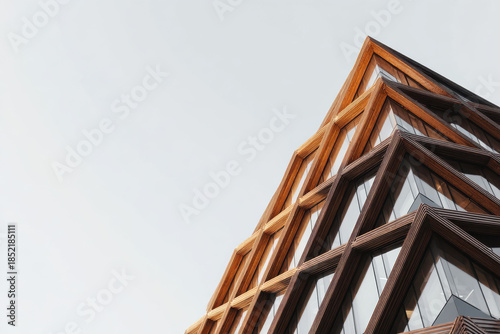 Modern building facade with shaped geometric structure and glass windows.
