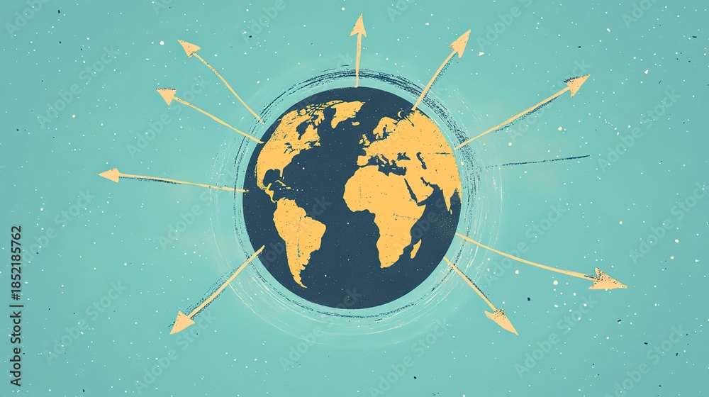 Fototapeta premium Global connection with arrows pointing outward from Earth showing expansion and outreach efforts in different regions