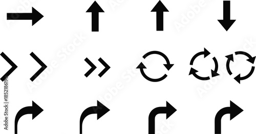 Directional arrow icon set, black line symbols, navigation arrows, curved chevrons, rotation icons, UI design, movement illustration