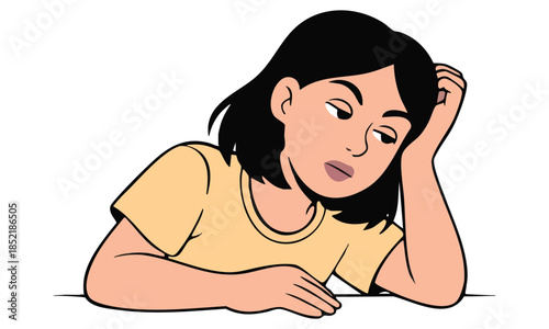 Illustration of bored young woman leaning on hand with tired expression