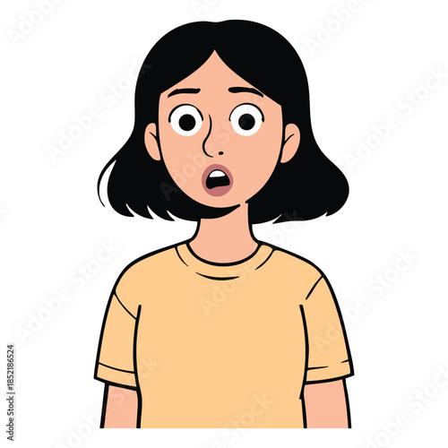 Illustration of cartoon illustration of a surprised young woman with short black hair and an open mouth