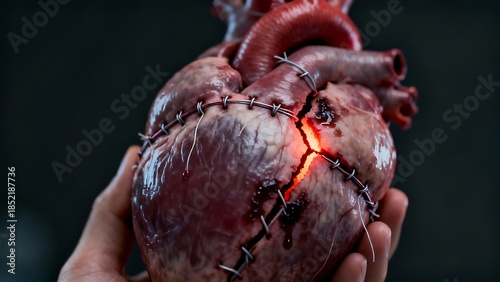A broken human heart is stitched together with steel wire.