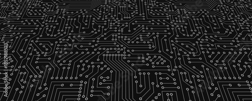 Computer circuit board texture. Technology pattern. Abstract illustration of silicon chip. Digital tech background in black color.