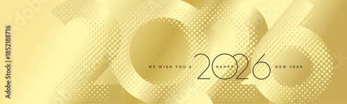 We wish You Happy New Year 2026. 2026 event modern design dark brown light typography sparkle fireworks with golden halftone shadow numbers on gold banner