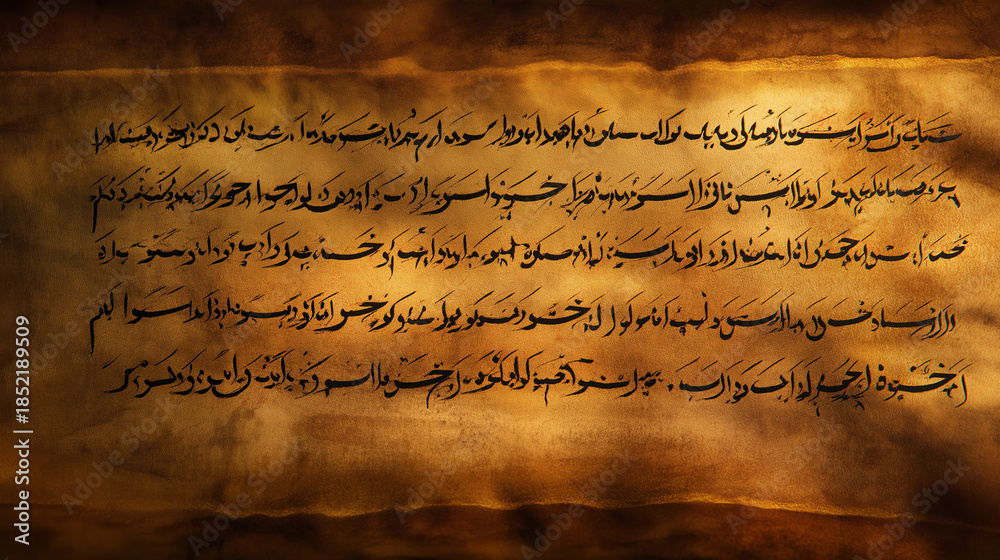 Fototapeta premium Traditional Sanskrit calligraphy arranged vertically, inspired by ancient scrolls, gentle directional light, refined cultural artistry, with copy space