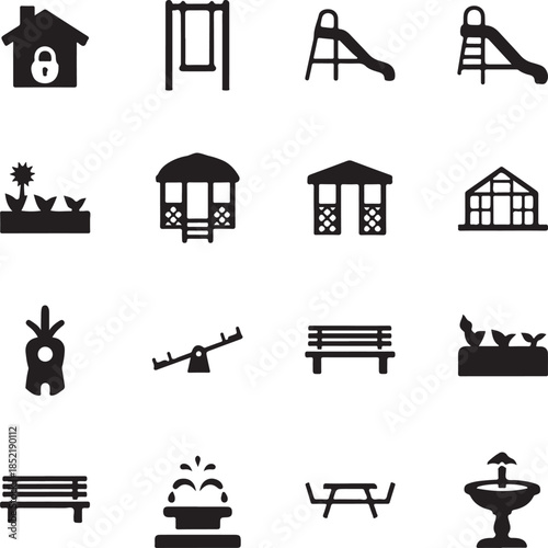Black of houses benches and playground equipment padlock slide