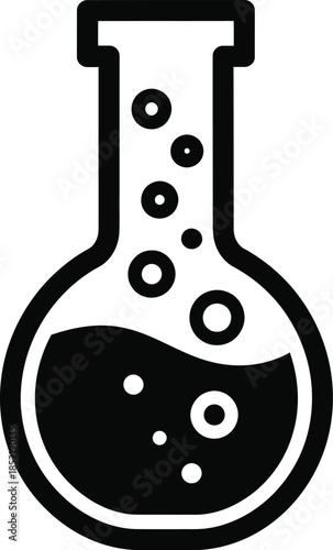 Black and white icon of a laboratory flask with bubbles science beaker