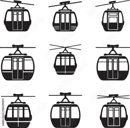Black silhouettes of cable cars on white background gondola lift