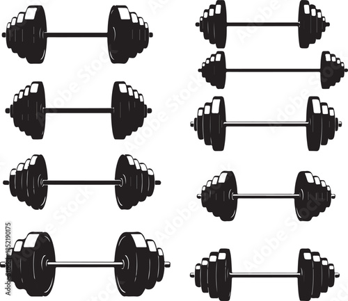 Black silhouettes of barbells weights exercise equipment
