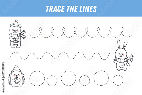 Tracing lines for kids. Cute cartoon animals. Handwriting practice. Educational game for preschool kids. Activity page. Vector