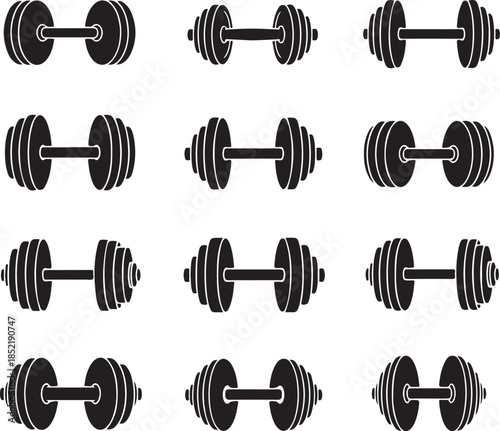 Multiple black dumbbell on white weight fitness