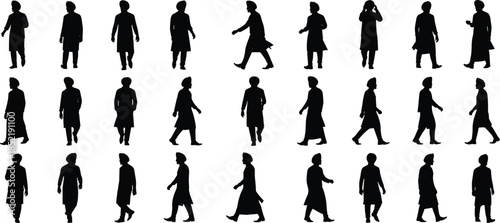 Black silhouette collection of Indian Punjabi men wearing turbans and traditional kurta walking set isolated on white background for cultural design